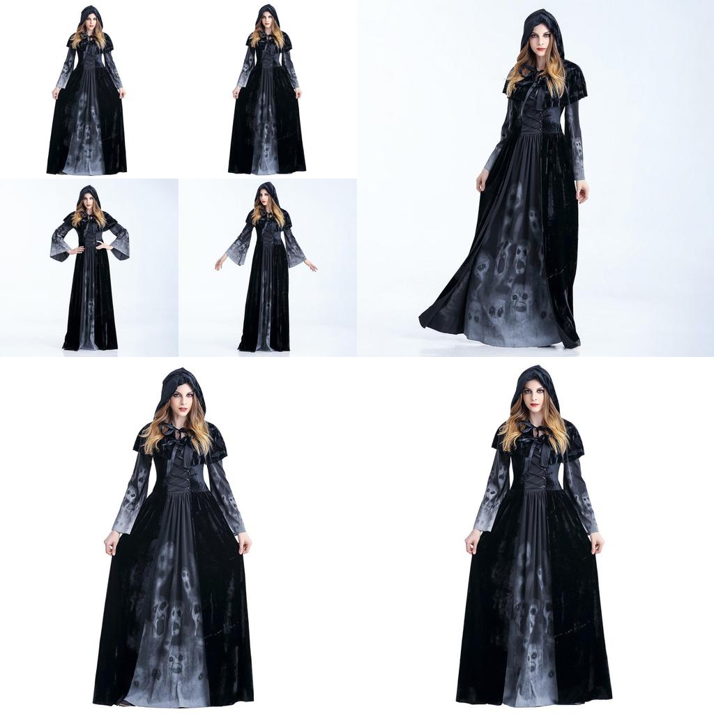 Stylish Halloween Skeleton Print Witch Vampire Costume For Women With Hooded Cloak And Skirt