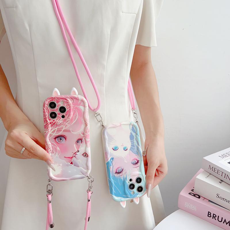 For VIVO V21E V25 E V30E V29 V40 SE Lite Vivo X100 S Ultra X200 Pro MINI Crossbody Strap Cartoon Cat Girl Phone Case Ears Cute