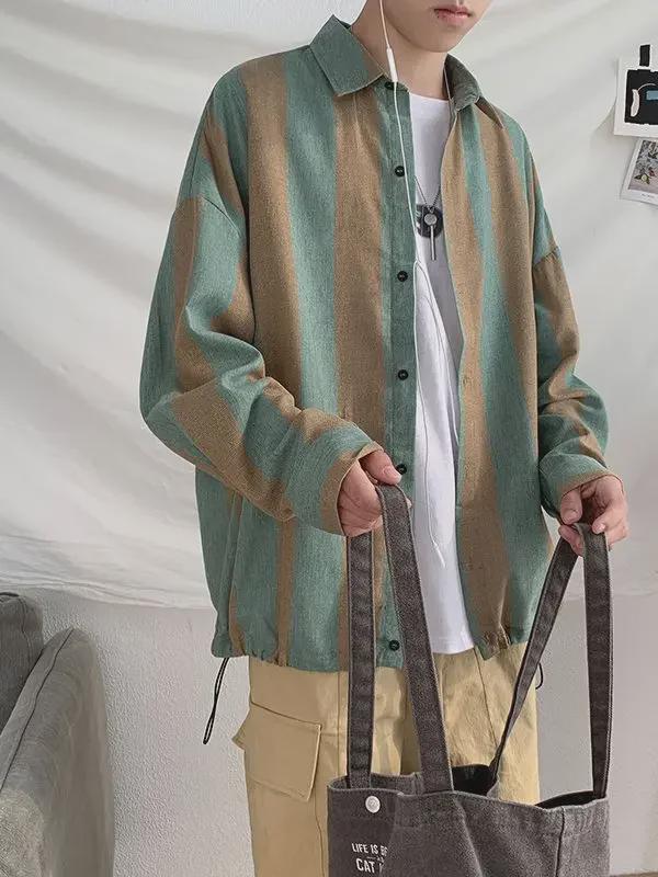 Korean Style Men's Long-Sleeved Vertical Stripe Shirt - Casual, Loose, Trendy for Spring & Autumn