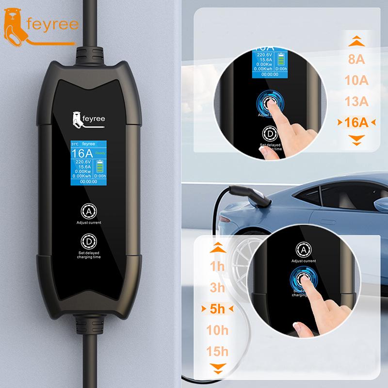 Feyree EV Charger Portable 3.5kW Tesla NACS Charger Plug 1.8" LCD Screen with Set Delay Schedule Charging Station for Tesla Cars