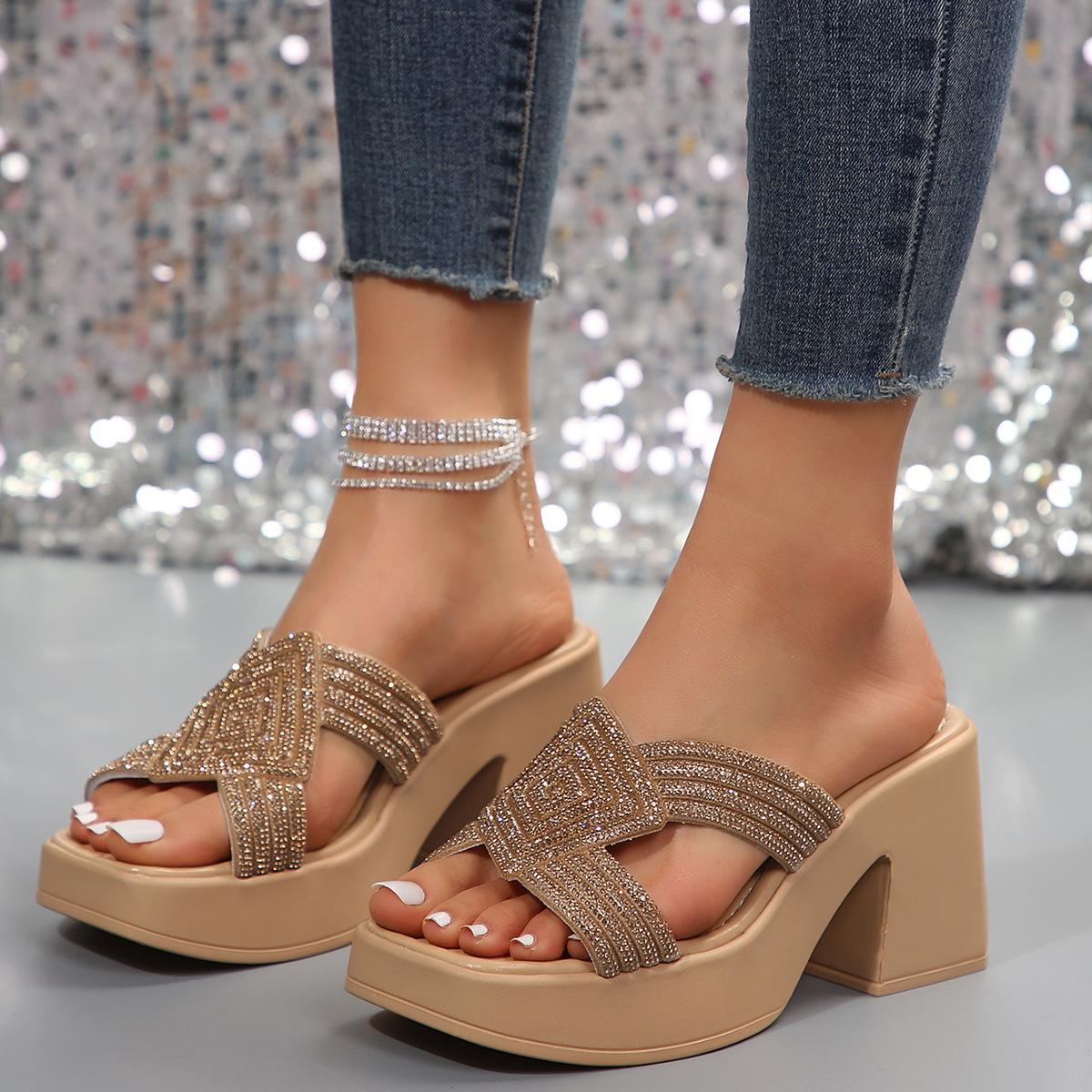 

Класний жіночий популярний новий літній повсякденний модний верхній одяг Європейські та американські жіночі тапочки зі стразами, кругла голова, товста підошва, товстий каблук 41 хакі