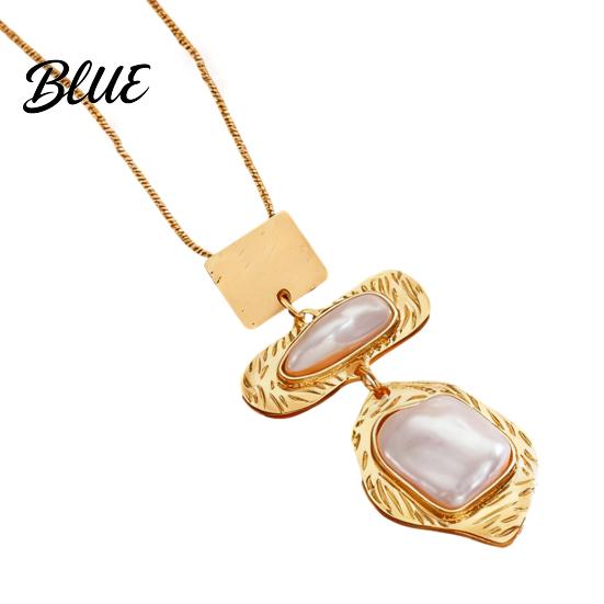 Faux Pearl Earrings Jewelry Set Metallic Texture Double-Layered Necklace