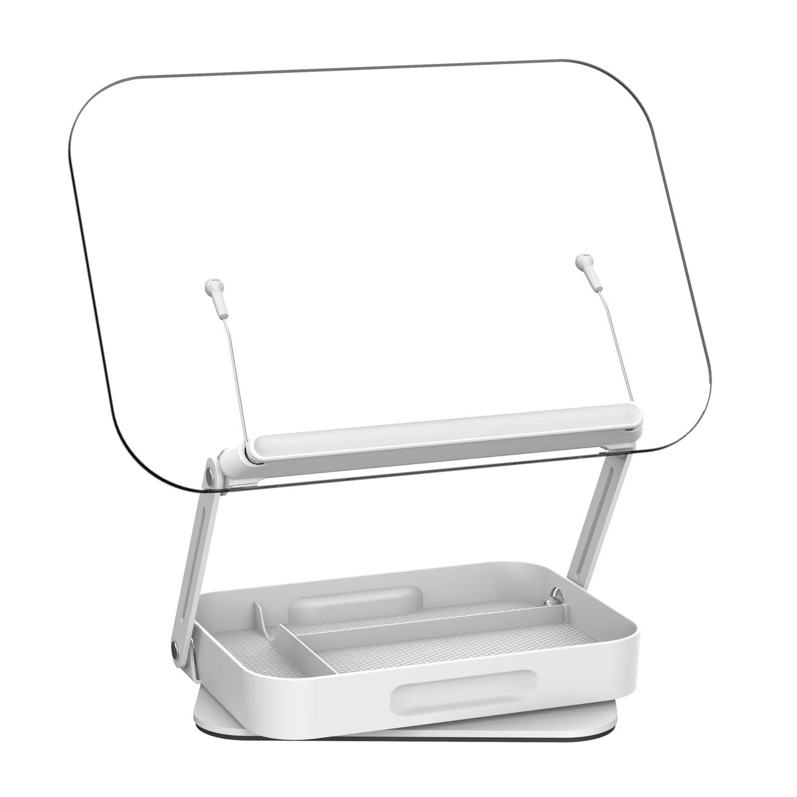

Desktop Book Stand for Reading with Rotate Base Acylic Panel Page Clips Storage Compartments Foldable and Angle