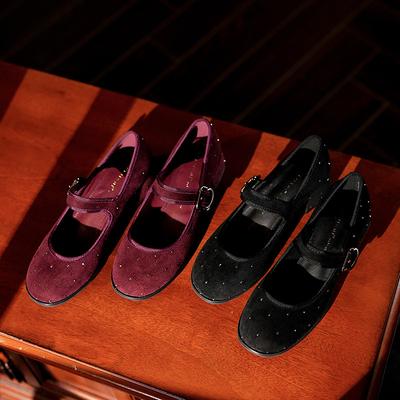 Polka Dot Drill Black Mary Jane Shoes Women's Thick Heel Round Head One-word Strap Single Shoes Cashmere Spring and Autumn