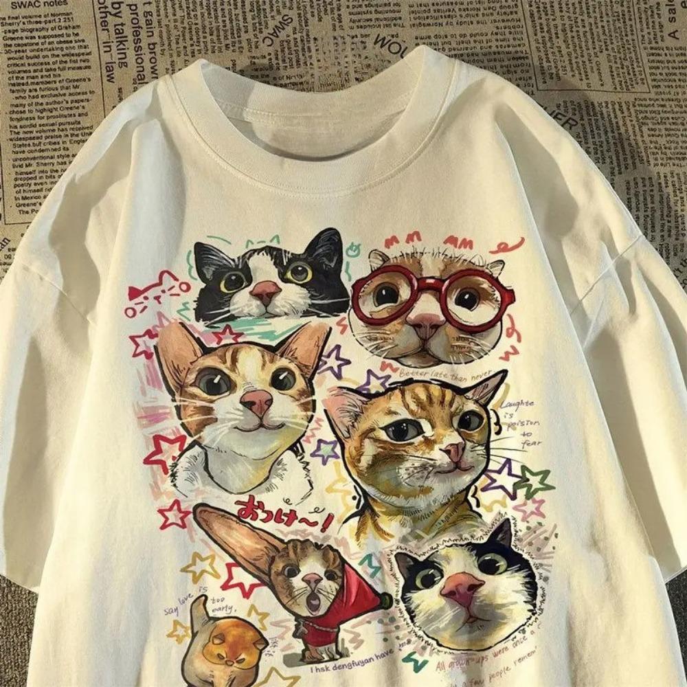 

American Retro Y2K Fun Cartoon Cat Print Tee Women s Summer Loose Short Sleeve Casual Graphic Daily Fashion Streetwear Tee Top S