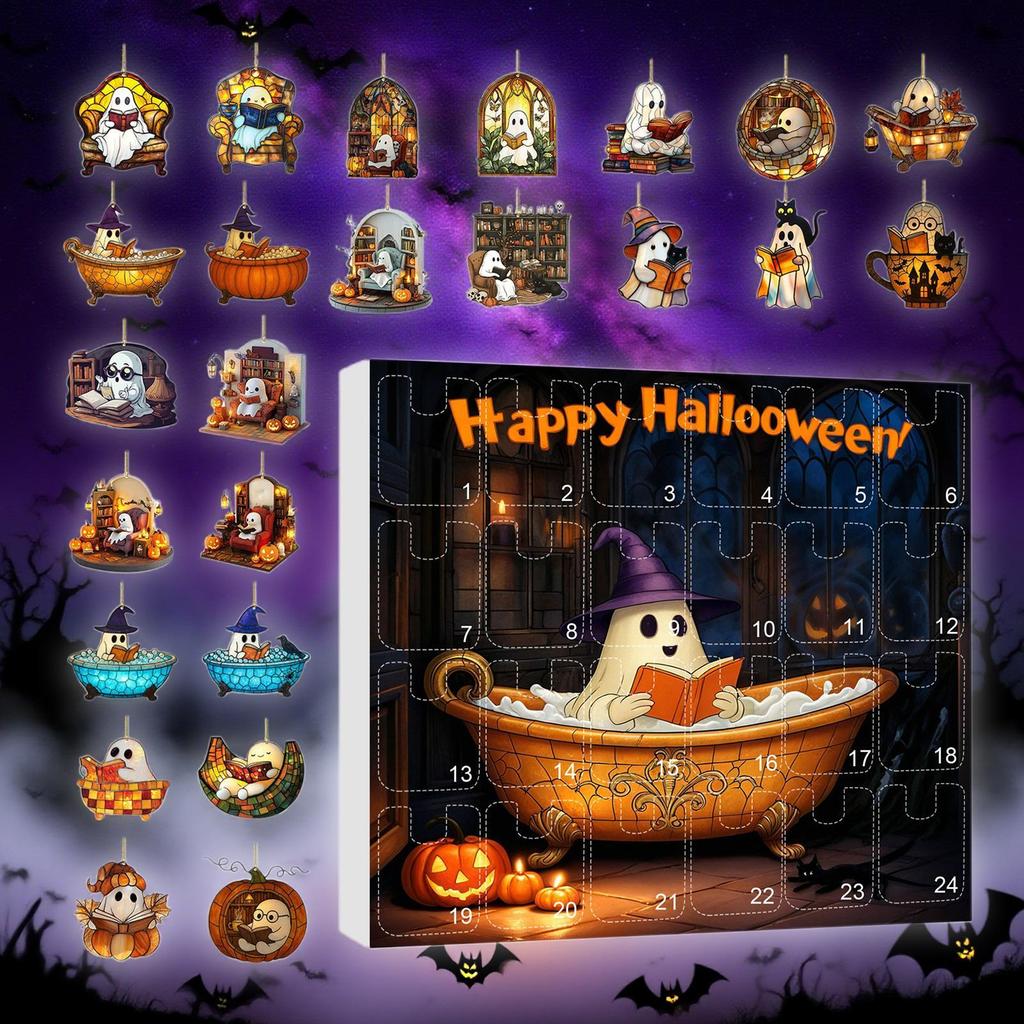 2025 Halloween Countdown Calendar 24PCS Acrylic Ghosts Bubble Bath Decorations Horror Ghosts Reading Books Advent Calendar