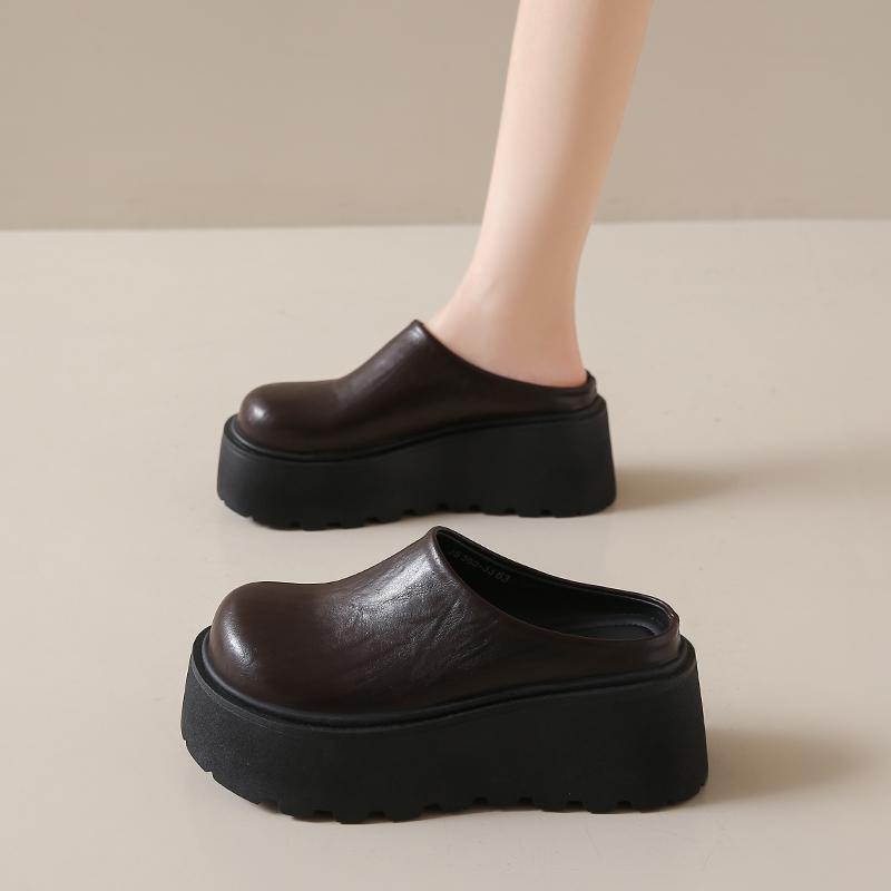 CRLAYDK Women's Platform Heel Mules Casual Shoes Closed Toe Backless Slip On Leather Walking Increase Height Wedge Slippers