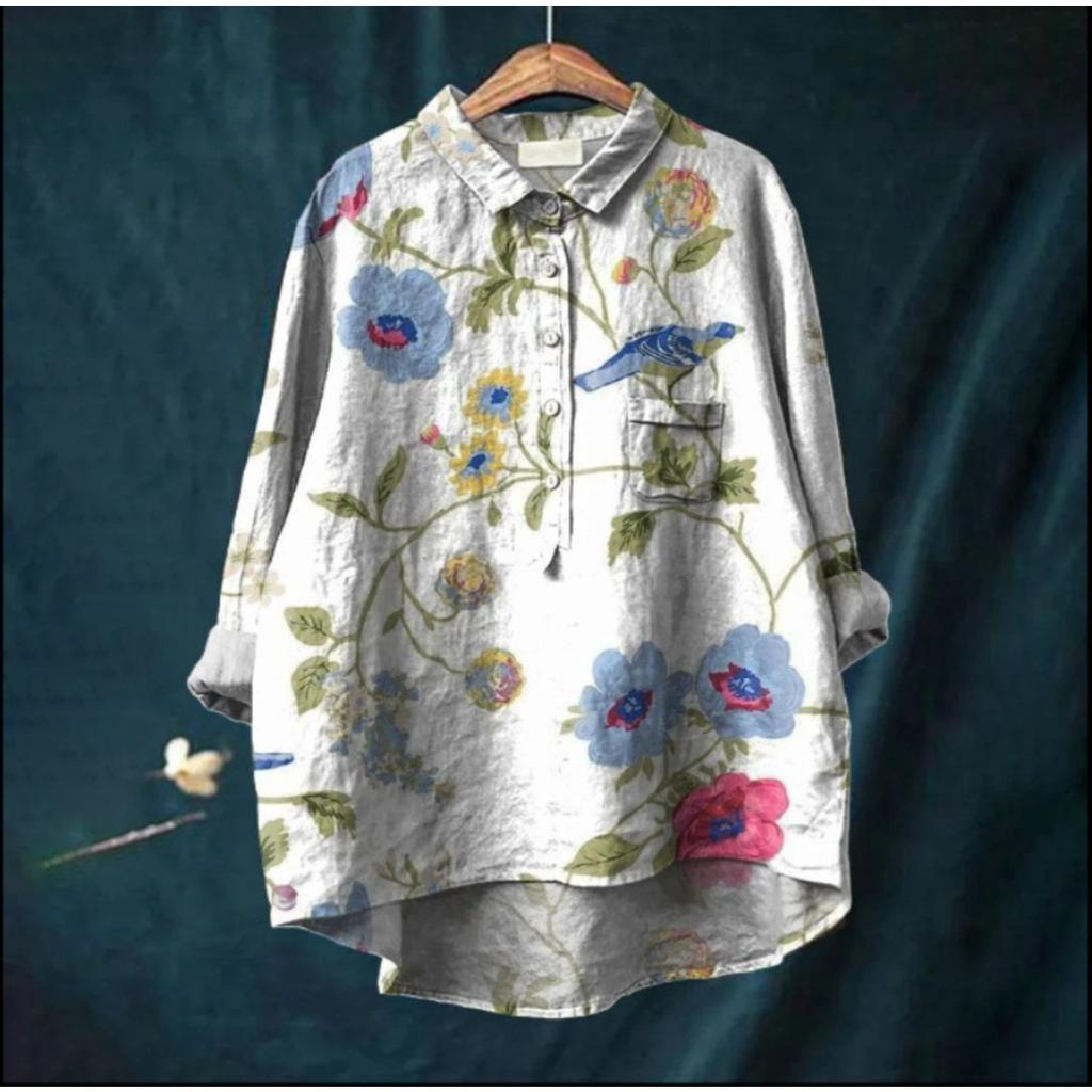 Women's Turn Down Collar Long Sleeve Floral Print Shirt Loose Fit Elegant Casual Blouse