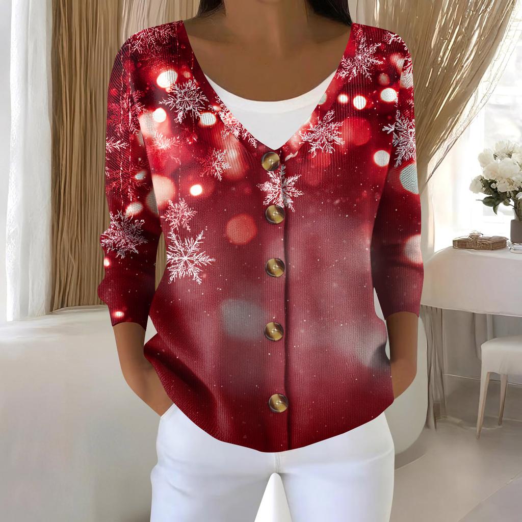 Women's Fashion Long Sleeve Christmas Snowman Snowflake Print Jacket Cardigan