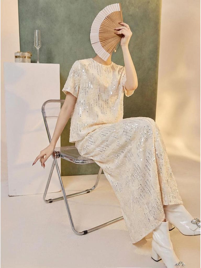 Elegant Sequin Embellished Chinese-Style Women's Shirt and Skirt Set – Spring/Summer Collection