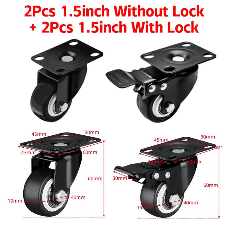 4 szt. Ciche podwójne kółka obrotowe z podwójnymi łożyskami kulkowymi, czarne, obrotowe z hamulcem, kółka do wózka 1,5" - 2"