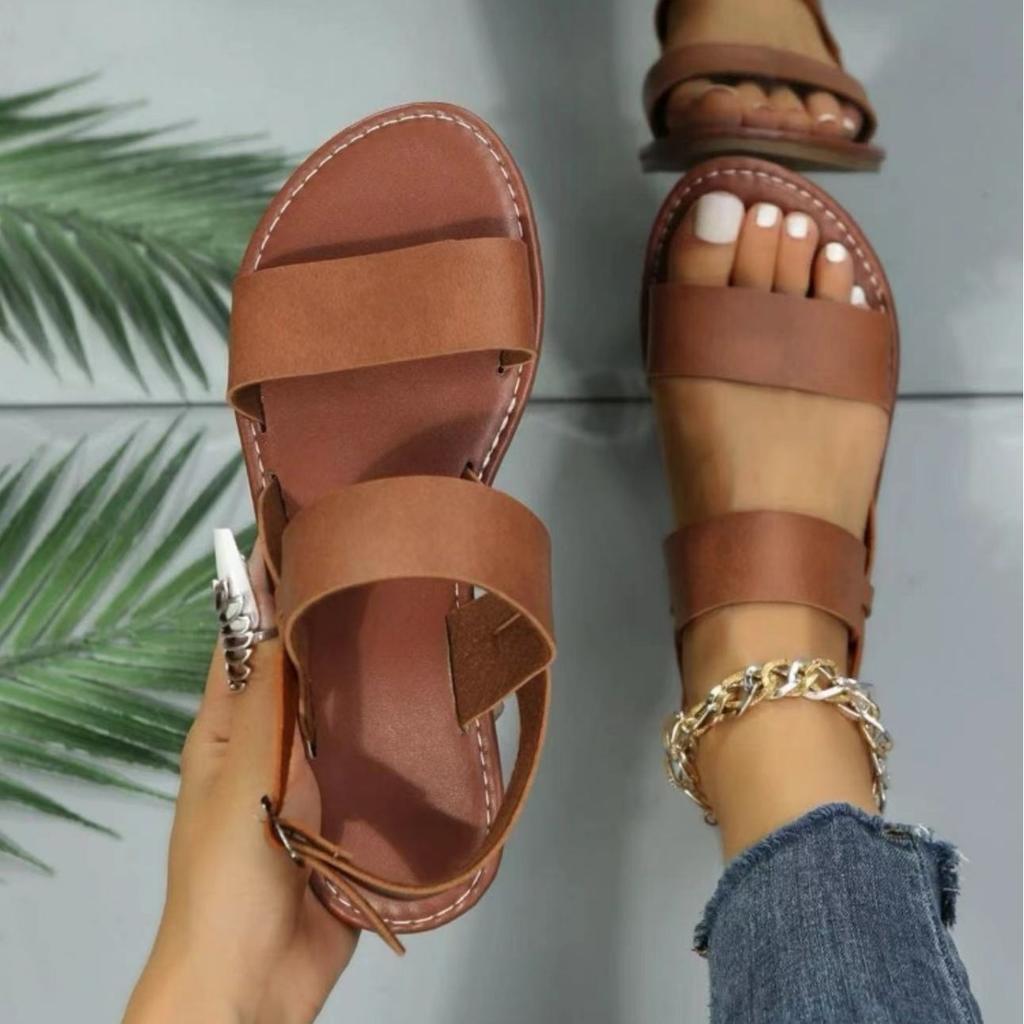 Flat-soled sandals women's 2025 summer new round head one-word buckle for casual wear large size sandals brown