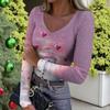 Women's Winter Slim-Fit Base Layer T-Shirt Fashionable Christmas Print V-Neck Pullover Long-Sleeved Top