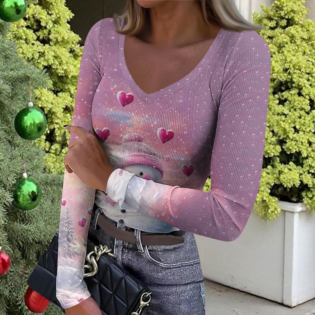 Women's Winter Slim-Fit Base Layer T-Shirt Fashionable Christmas Print V-Neck Pullover Long-Sleeved Top