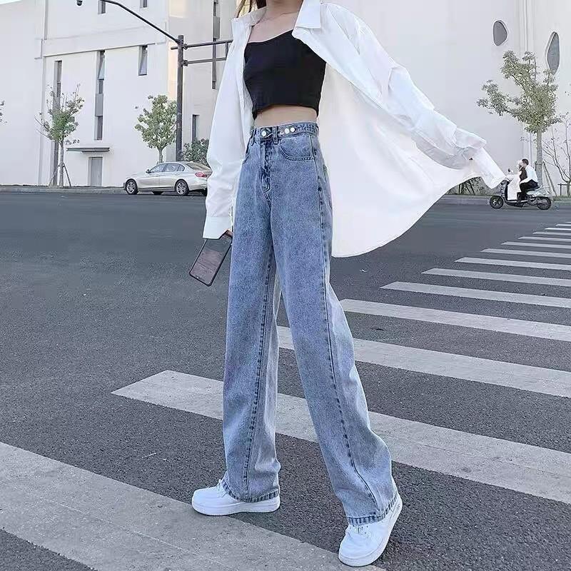 Trendy brand high waist straight jeans women's spring and autumn loose and thin small drape wide legs mopping pants