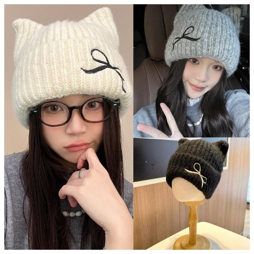 Solid Color Cat Ear Beanie Thickened Knitted Skullies Soft Knitted Woolen Hat  Autumn