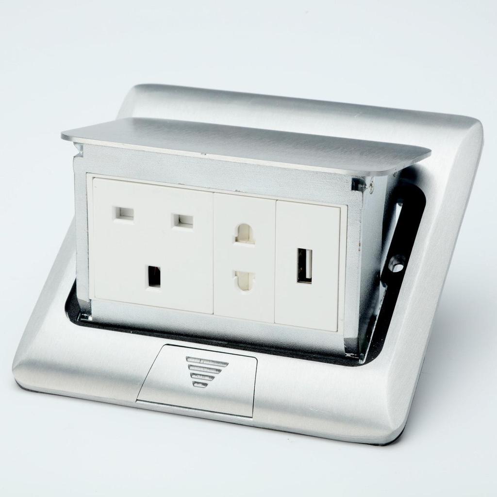 145 Aluminum Waterproof Floor Socket, Euro/French/British Standard Double Socket, Pop-up Design