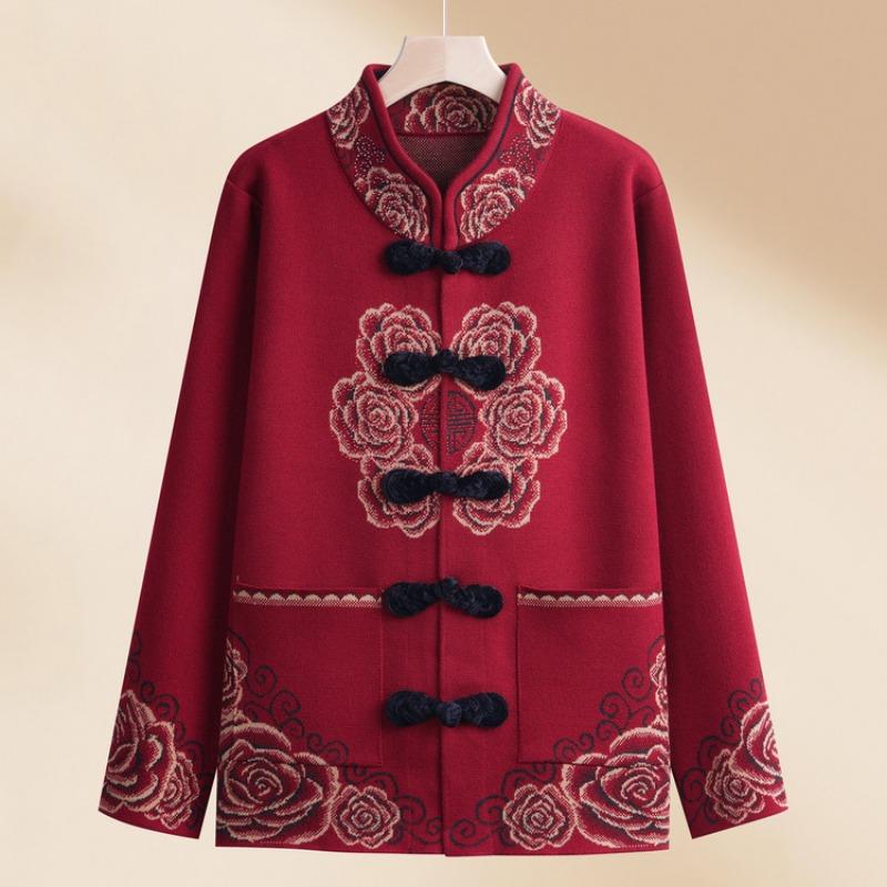 Middle Aged Woman Grandma Spring Coat Old Lady Autumn and Winter Natal Year Mother Dress Red Sweater Piled and Thickened