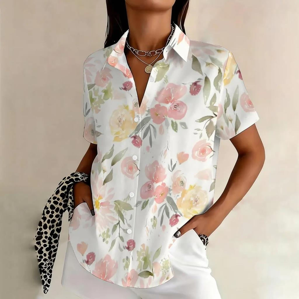 Blumenprint Retro Damen Kurzarmhemden Damen Revers Einreiher Kurzarmblusen Lässige Tägliche Damen Lockere Oberteile