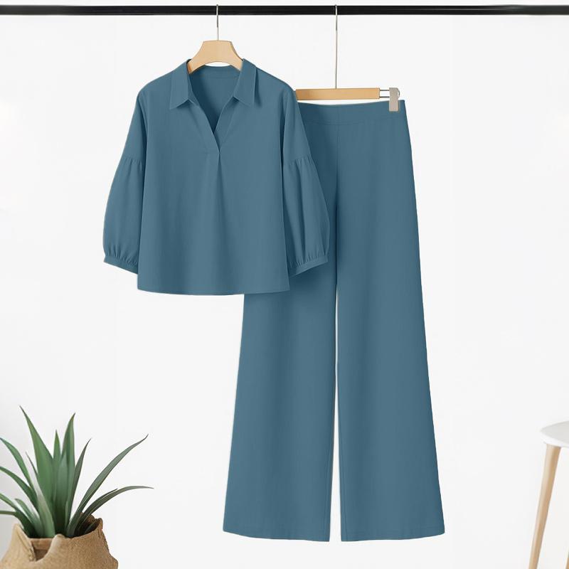 

ZANZEA Женский комплект из блузки с рукавом 3/4 и брюк, летний костюм-двойка 4XL синий