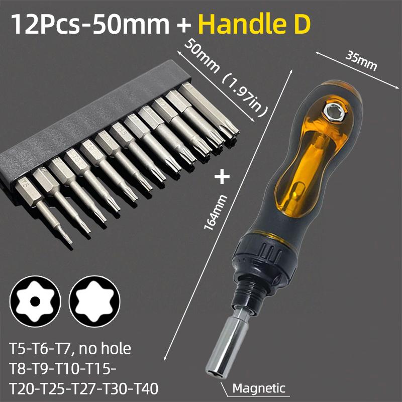 50mm Magnetic Screwdriver Bit Set Security Tamper Proof Drill Bits 1/4" Hex Shank T5-T40 Screw Driver Ratchet Wrench Hand Tools