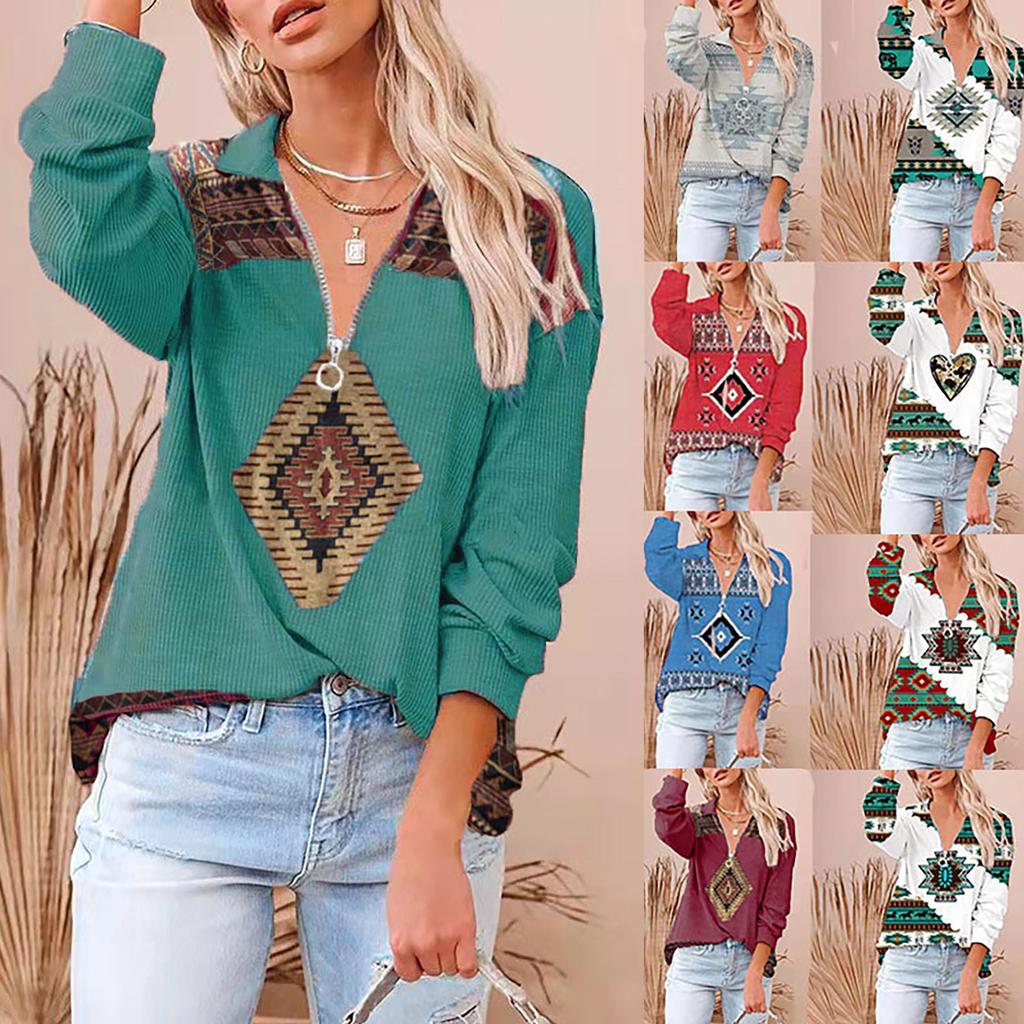 Ladies Casual Ethnic Print Fashion Large Size V-neck Zipper Long-sleeved Blouse