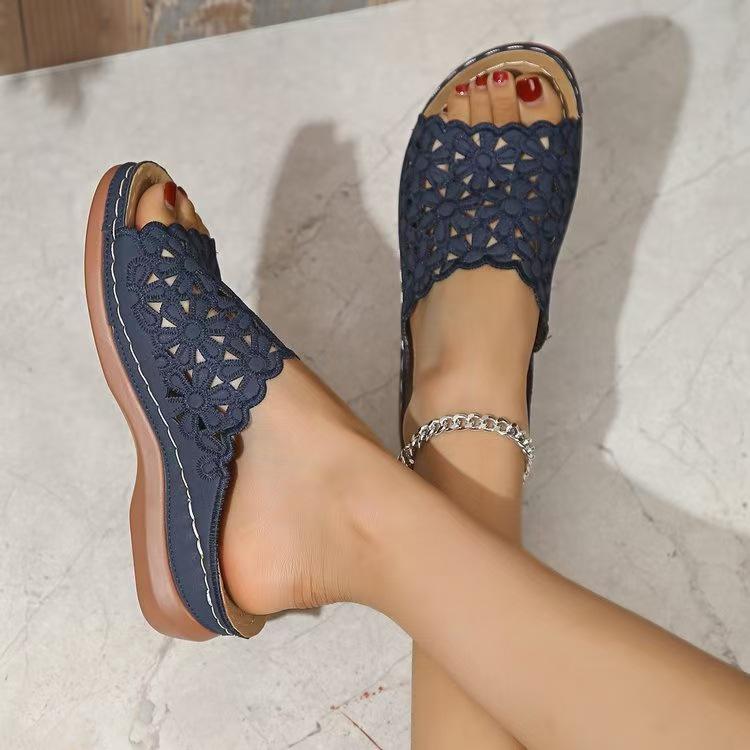 2024 Summer Floral PU Mid-Heel Wedge Slippers for Women - Plus Size & Casual