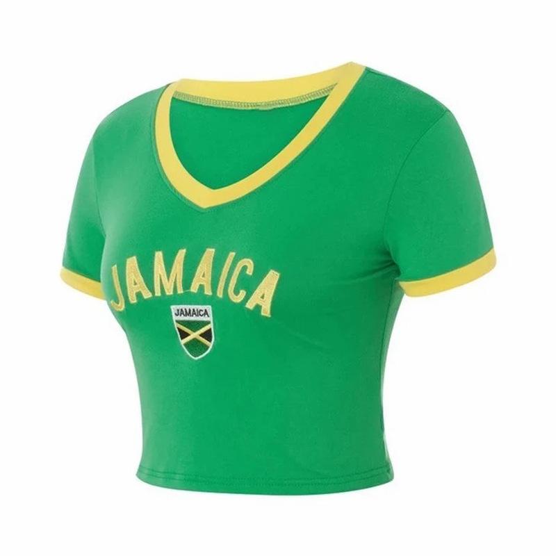 Haut court d'été décontracté pour femme, col en V, broderie imprimée, coupe ajustée, style Y2K, entre l'Europe et l'Amérique.
