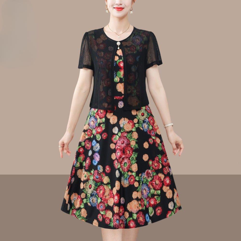 Chic Summer Fake Two Piece Dress for Moms Elegant Slimming and Youthful Mid Age Women Fashion Clothing