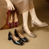 Thick Heel High Heels Are Not Tired of Square Buckle Red Wedding Shoes 2026 Spring Patent Leather Square Head Medium Heel Shallow Mouth Single Shoes