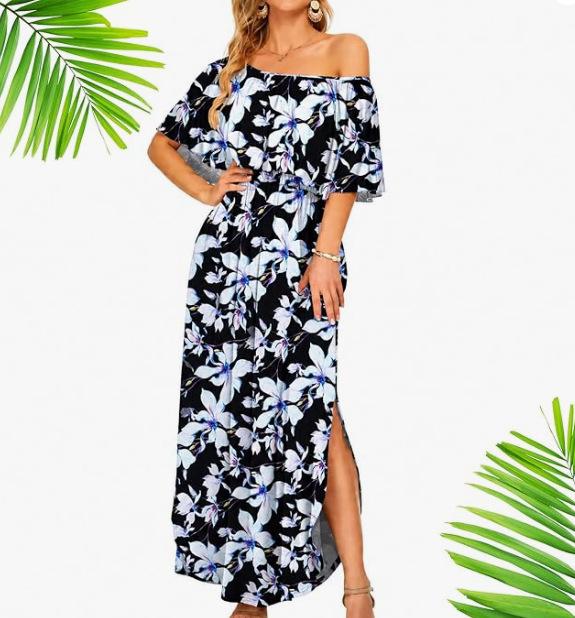 European and American summer new printed one-word shoulder short-sleeved long dress