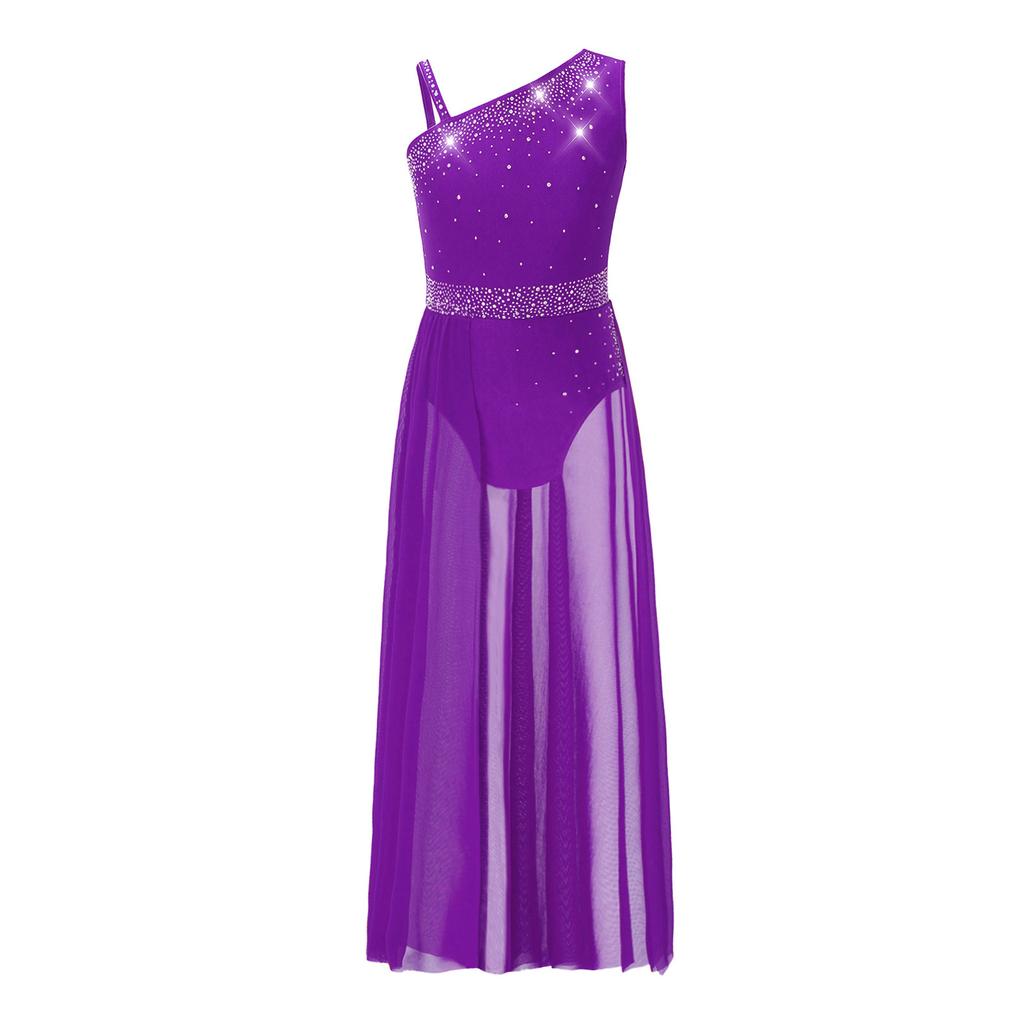 Girls Glittery Lyrical Dance Costume Colorful Rhinestones Asymmetrical Shoulder Sleeveless Sheer Mesh Skirted Leotard