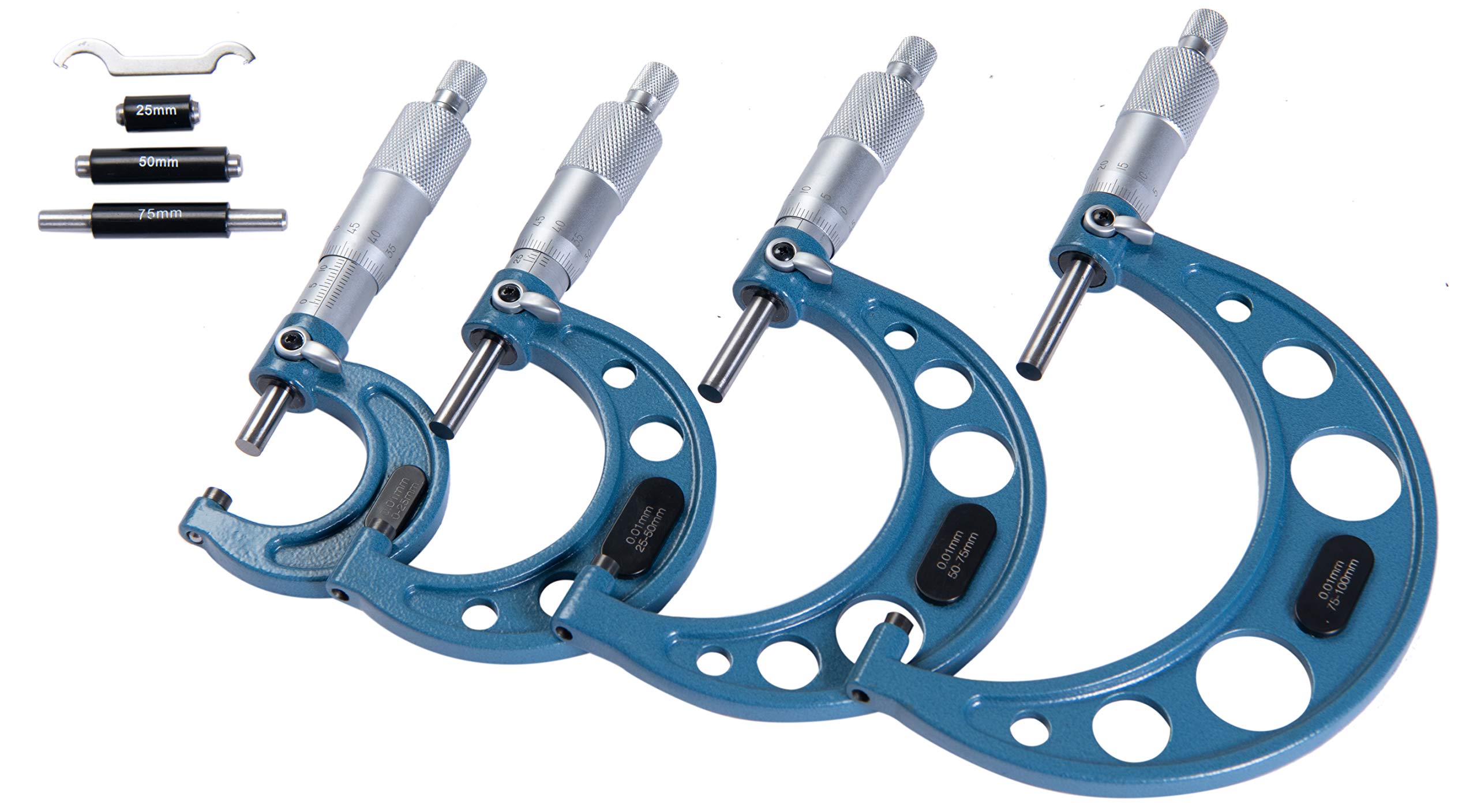 

Beslands Micrometer Thickness Outside Micrometer Set of with Case Gauge, 0-100mm, 0.01mm, 4, Microgauges,