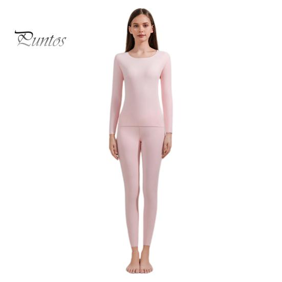 2 Pcs/Set Winter Women Thermal Underwear Set Round Neck Seamless Long Sleeve Warm Thick Double-sided Plush Slim Fit Elastic Lady Cold Weather Pajamas