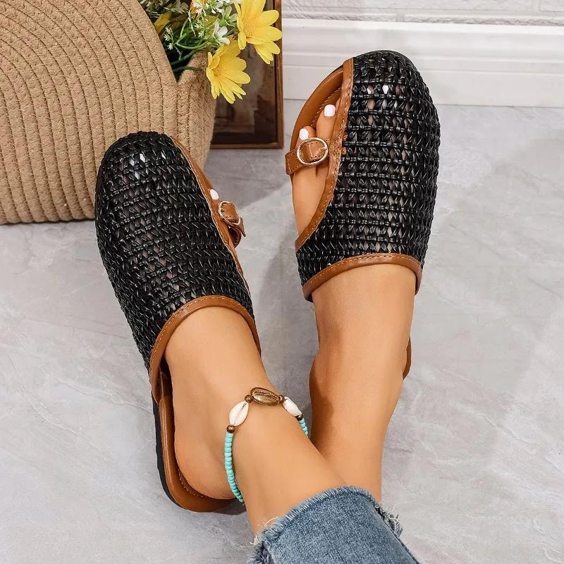 Heißer Verkauf Damenschuhe Geschlossene Zehen Damen Hausschuhe Mode Gürtelschnalle Lässige Hausschuhe Damen Neu Übergröße Flache Hausschuhe