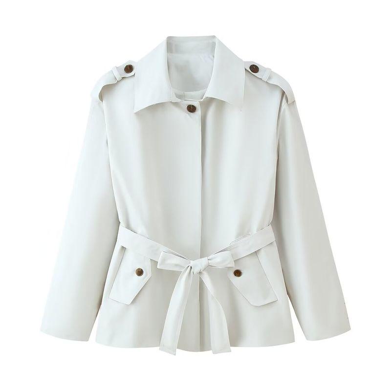 

Zbzr Новая осенняя женская одежда с поясом, воротником поло, однотонная, свободного кроя, с карманами, короткий тренч, пальто, куртка- White(Ready Stock) L