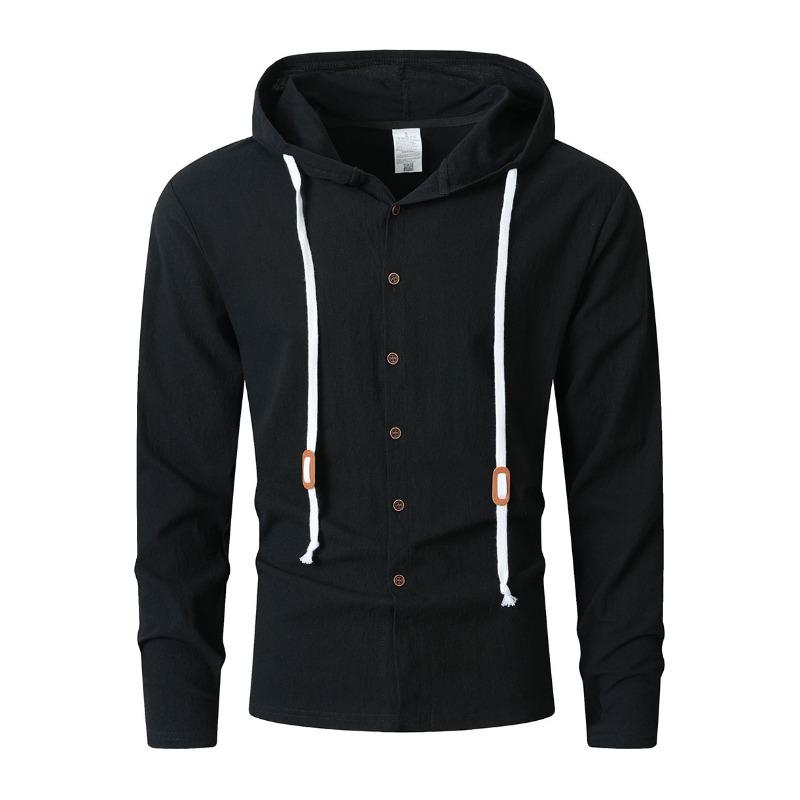Men's Hooded Linen Blend Shirt, Loose Fit Button-Up Shirt, Long Sleeve Wrinkle-Free Moisture Wicking Casual Top