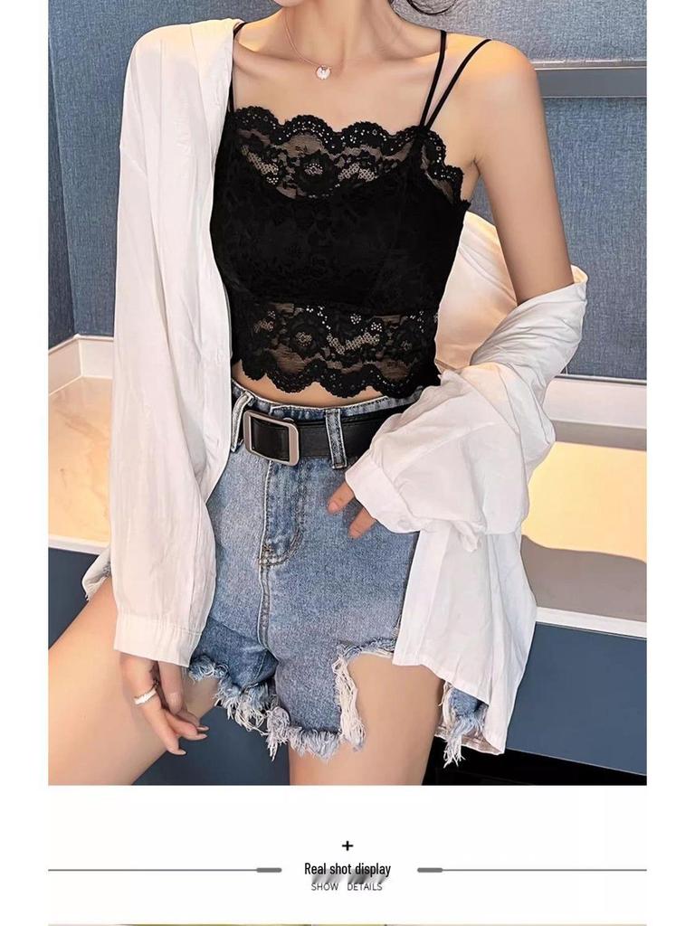 Lace Camisole Bustier Top with Strapless Back, Chest Pads, Wire-Free Push-Up, Anti-Exposure Design for Young Girls