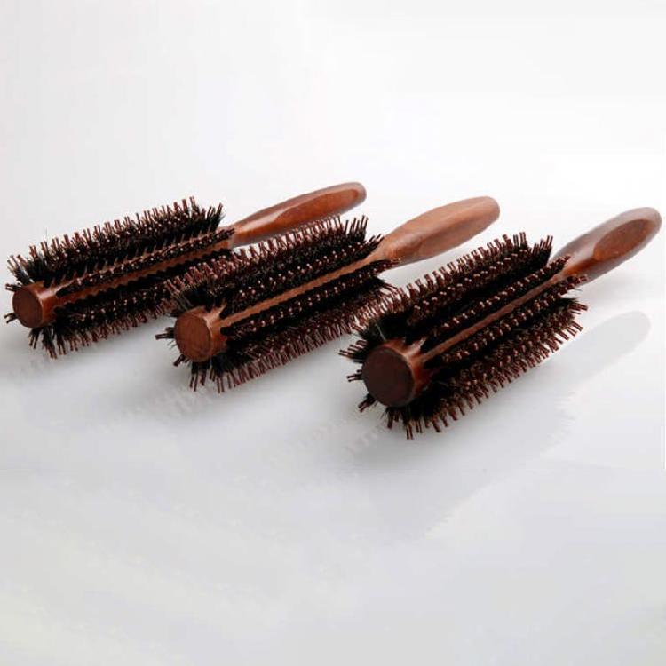 Straight Twill Boar Bristle Hair Round Brush Wood Handle Rolling Styling Comb