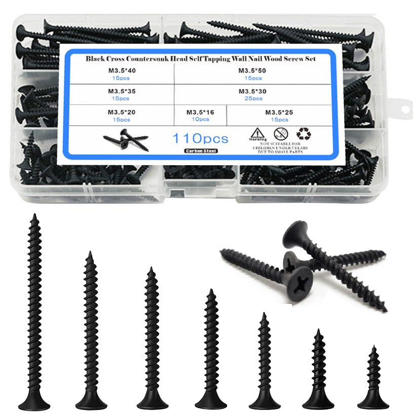

Black Countersunk Wood 7 Set of x Perfect for Furniture and Includes Storage Cross-Recessed Screws, Sizes, 110, 3.5mm