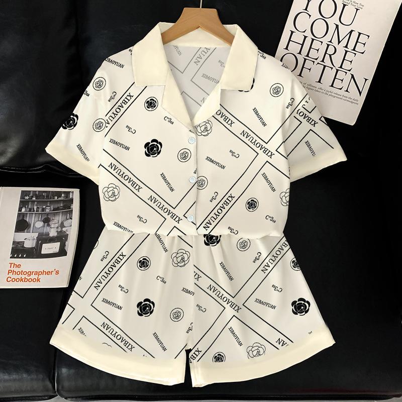 High-End Letter Ice Silk Pajamas Women'S Summer Small Fragrant Wind Flower Short-Sleeved Loungewear Set