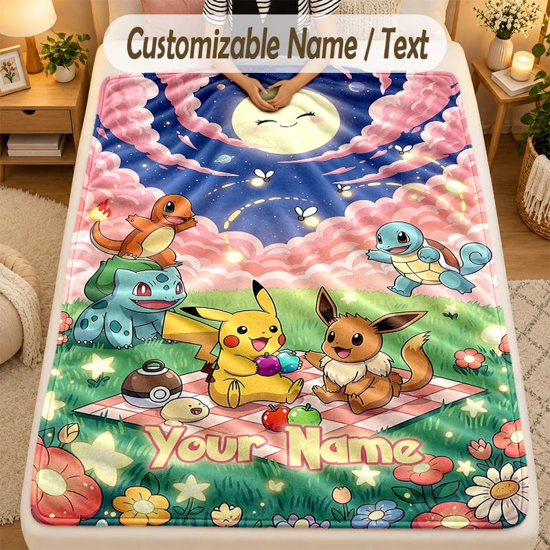 Flannel BlanketPokémon Custom Name Text Personalized Soft Warm Throw Blanket Home Decor Gift