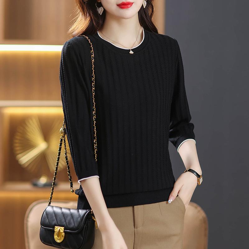 Women's Knitted T-shirt  Seven Quarter Sleeved Versatile Top for Middle-aged Mothers Summer Knitted Base Shirt