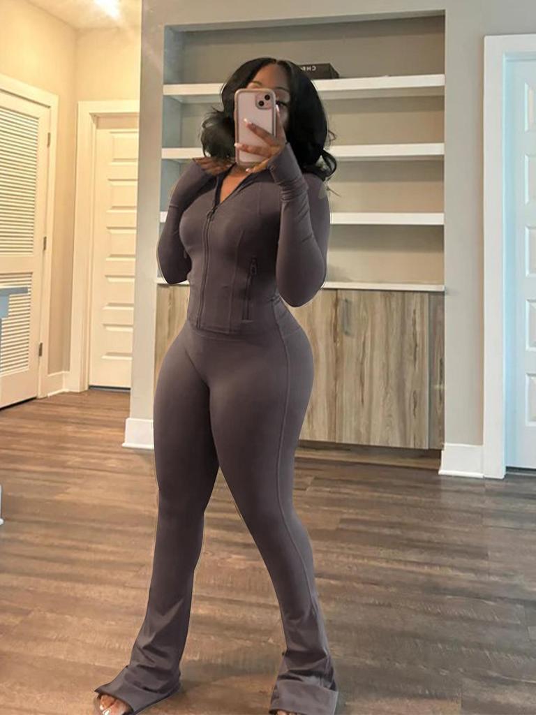 HR24057 Women's Sexy Long Sleeve Flare Two-Piece Sports Casual Set