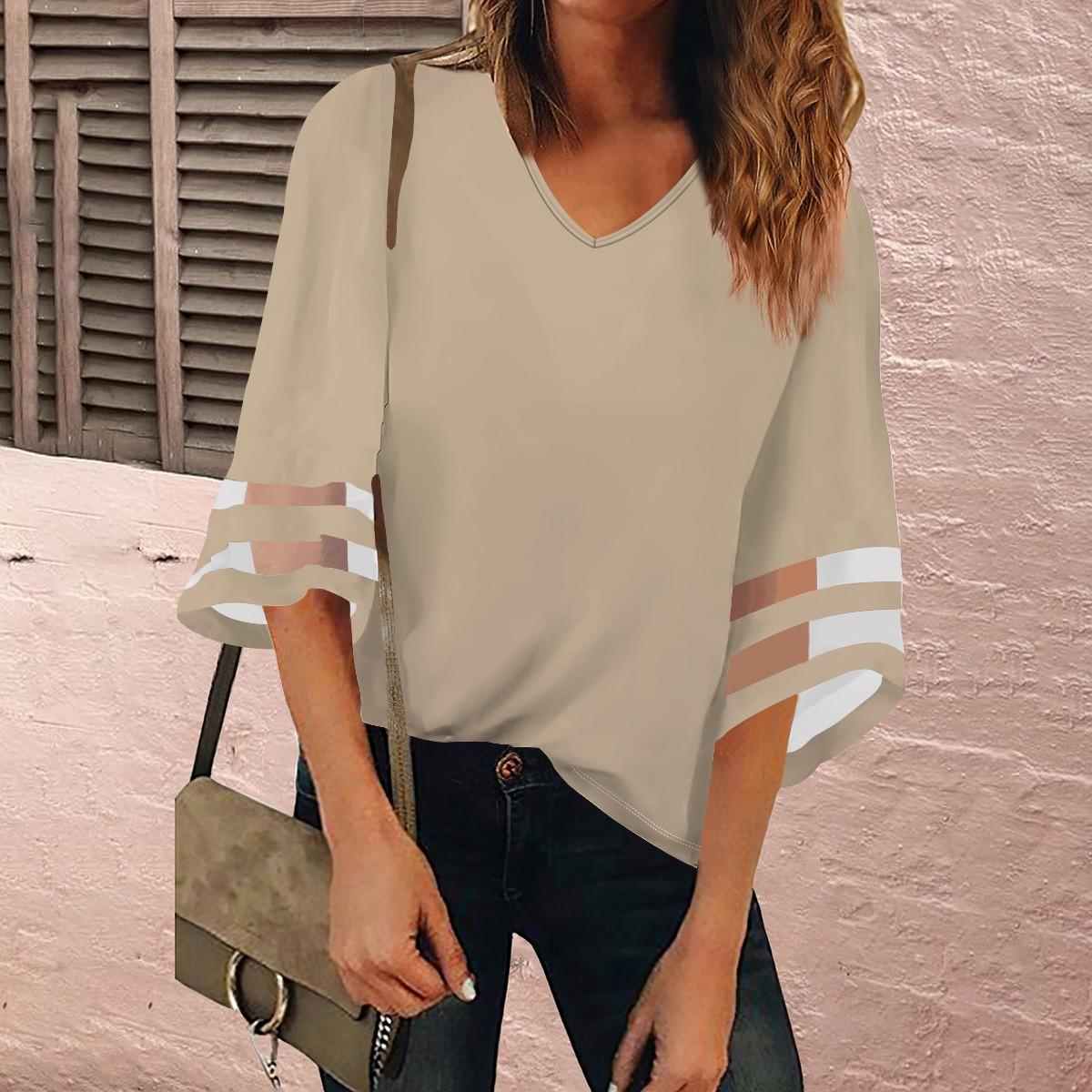 

Женская рубашка, блузка, повседневные свободные рубашки, кружевные рубашки с рукавами 3/4, топы с v-образным вырезом и принтом, топы с принтом, футболки, футболки XXXL хаки