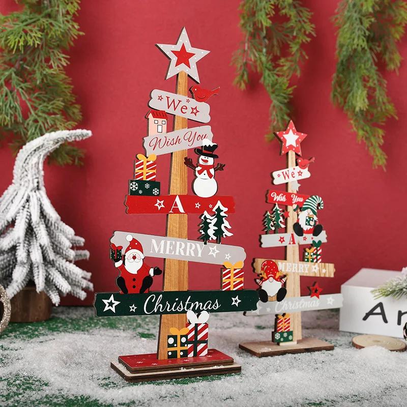 Artisanal Wood Carved Christmas Ornaments Set Santa Claus Snowman Figurines Rustic Xmas Tree Hanging Pendants Home Decor