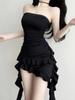 Polyester Slim Fit Black Short Dress With Offshoulder And 3d Pattern For Summer 2024