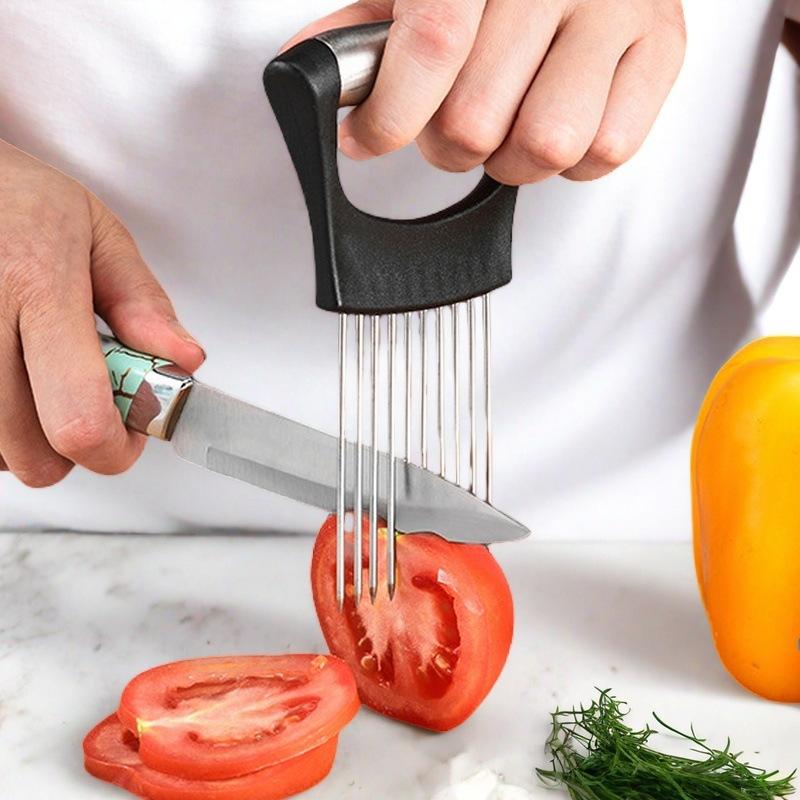 Stainless Steel Onion Cutter Holder Food Slicers Assistant Tomato Onion Slicer Holder Vegetables Cutting Fork Kitchen Gadgets