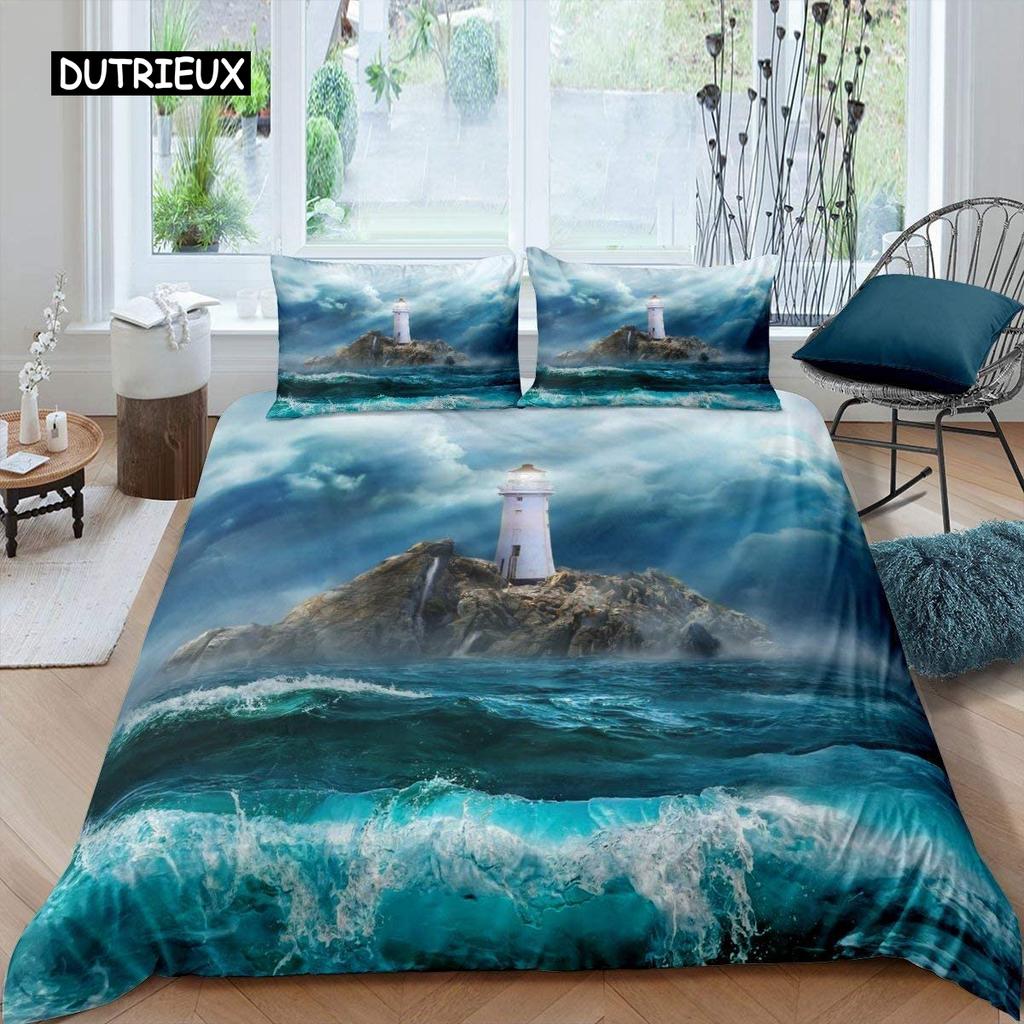 Lighthouse Duvet Cover Set Nautical Surfing Ocean Wave Bedding Set Queen Polyester Coastal Nature Theme Quilt Cover for Kids Boy