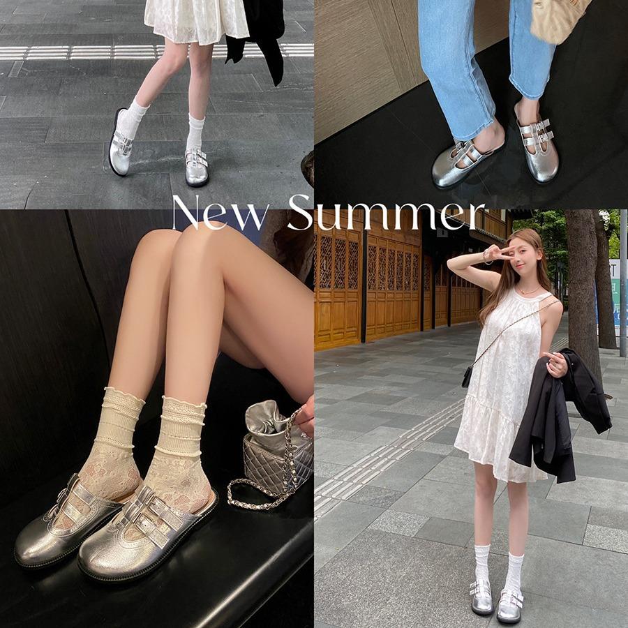 Cowhide version Su Yinyin round head double buckle rear empty single shoes one pedal flat-bottomed lazy bag head slippers women's sandals